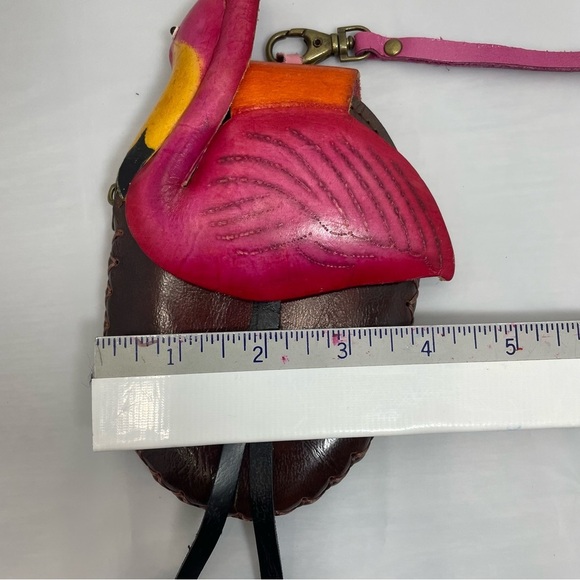Flamingo Design Leather wristlet Bag. Hand crafted over stitch. Unique. Coins - Picture 9 of 10
